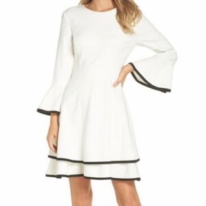 Eliza J White 3/4 Bell Sleeve Black Trim Tiered Fit & Flare Dress Women’s Size 4